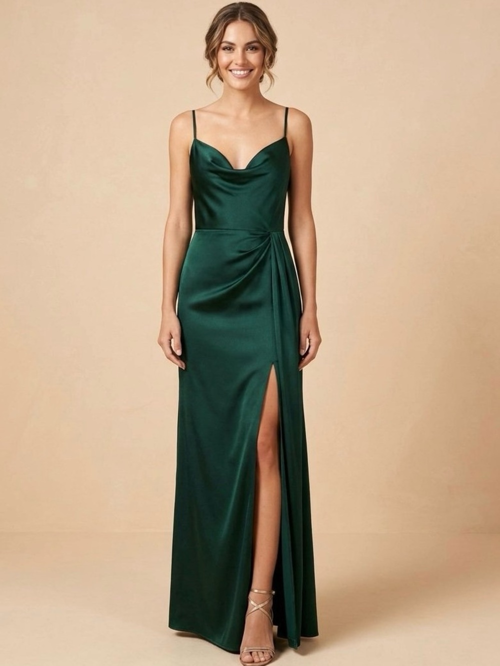 Dessy Collection Cowl-Neck Draped Wrap Maxi Front Slit Dress Evergreen,SZ 0, NWT